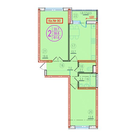 2 комнатная 61.6м²