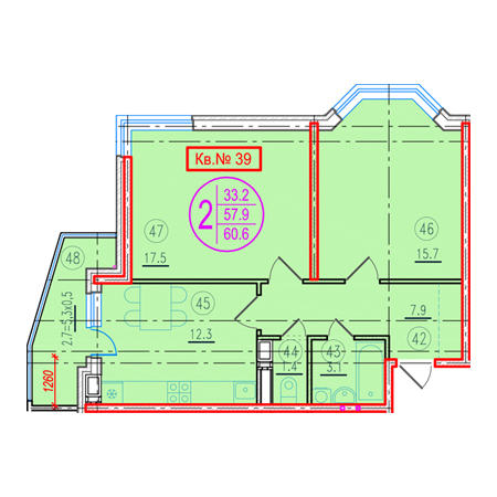 2 комнатная 60.6м²