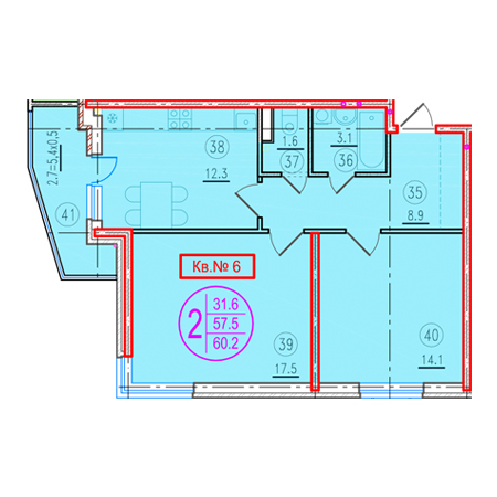 2 комнатная 60.2м²