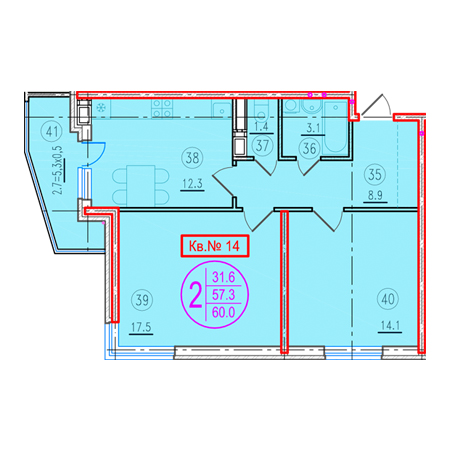 2 комнатная 60м²