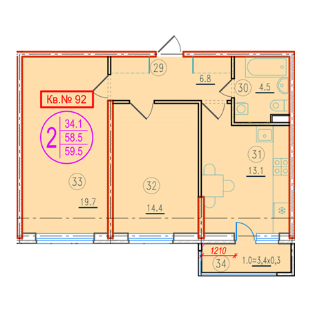 2 комнатная 59.5м²