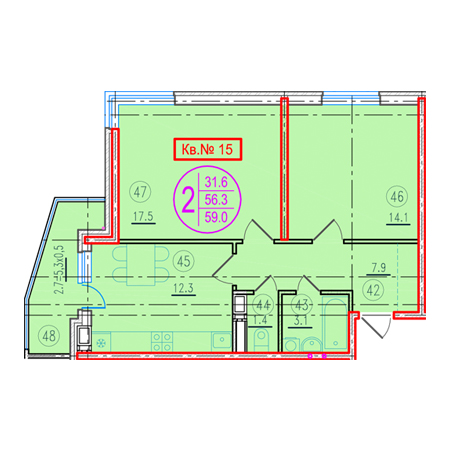 2 комнатная 59м²