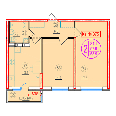 2 комнатная 58.9м²