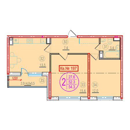 1 комнатная 54.3м²