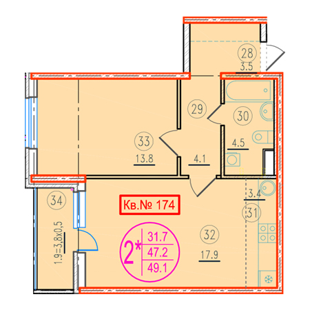 1 комнатная 49.1м²