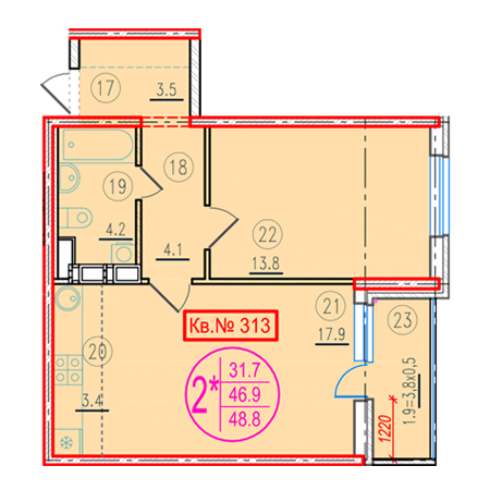 1 комнатная 48.8м²