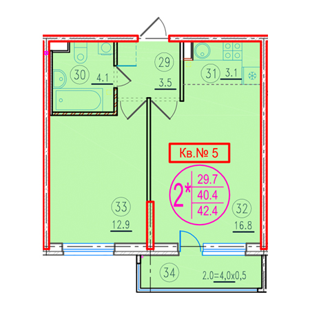 1 комнатная 42.4м²