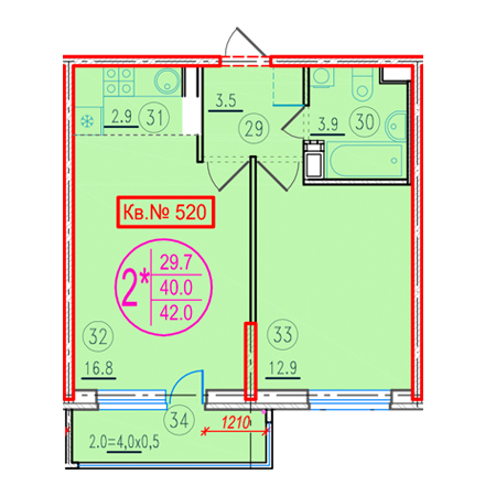 1 комнатная 42м²