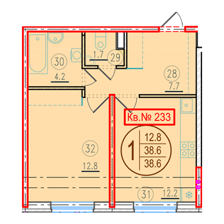 1 комнатная 38.6м²