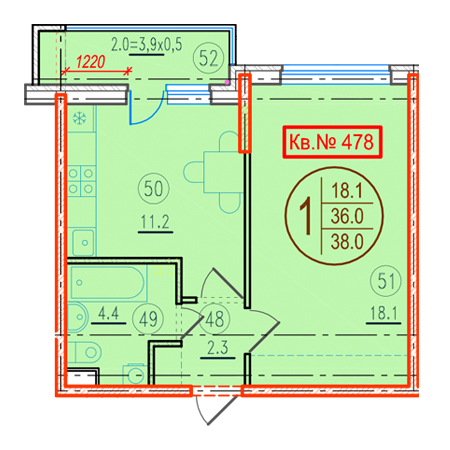 1 комнатная 38м²