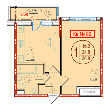 1 комнатная 36.8м²