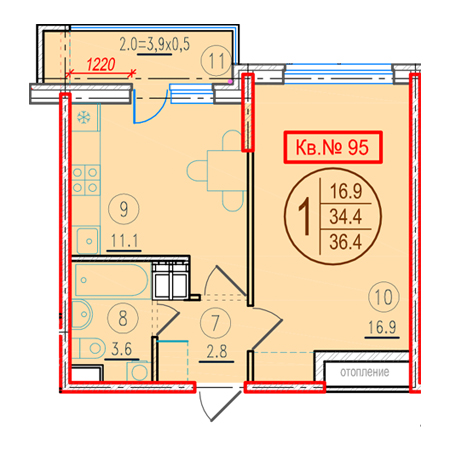 1 комнатная 36.4м²