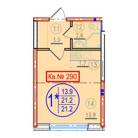 Студия 21.2м²