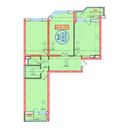 3 комнатная 84.6м²