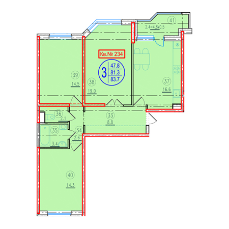 3 комнатная 83.7м²