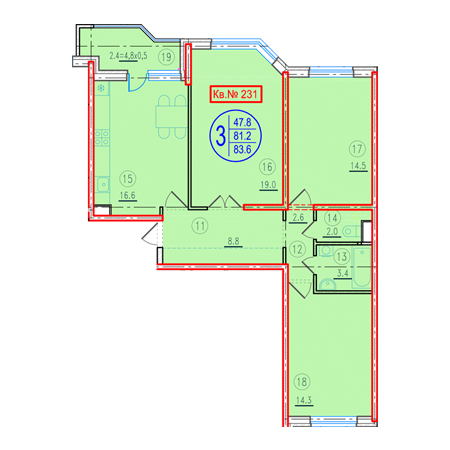 3 комнатная 83.6м²