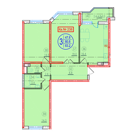 3 комнатная 83.2м²