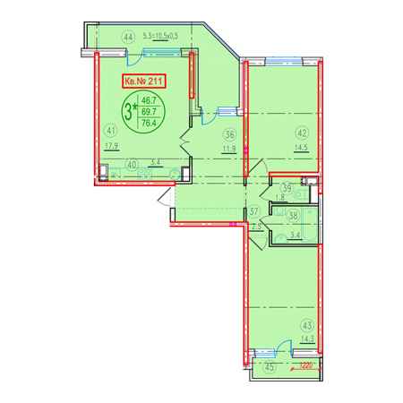 2 комнатная 76.4м²