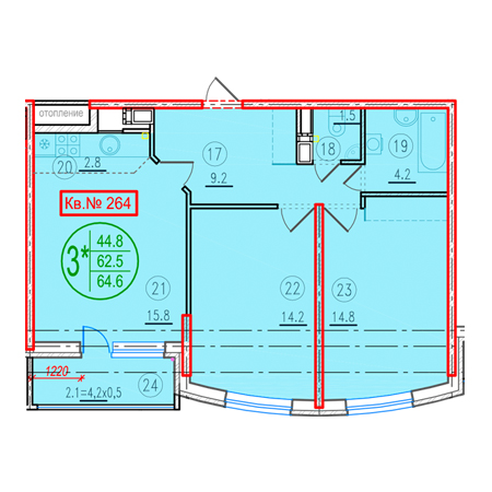 2 комнатная 64.6м²