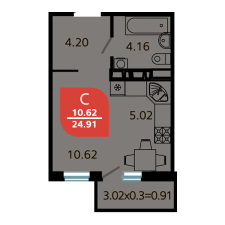 Студия 24.91м²