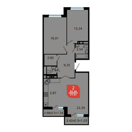 2 комнатная 77.31м²