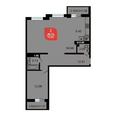 1 комнатная 73.91м²