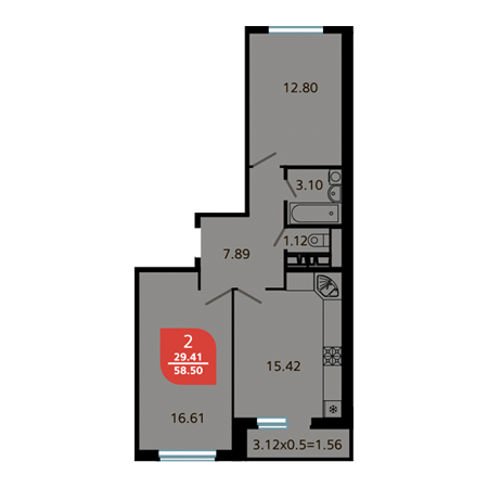 2 комнатная 58.5м²