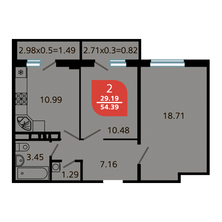 2 комнатная 54.39м²