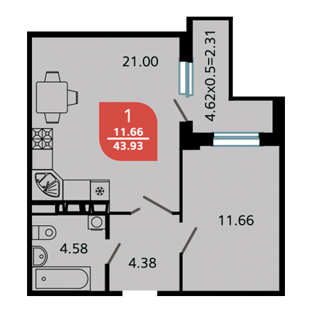 1 комнатная 43.93м²