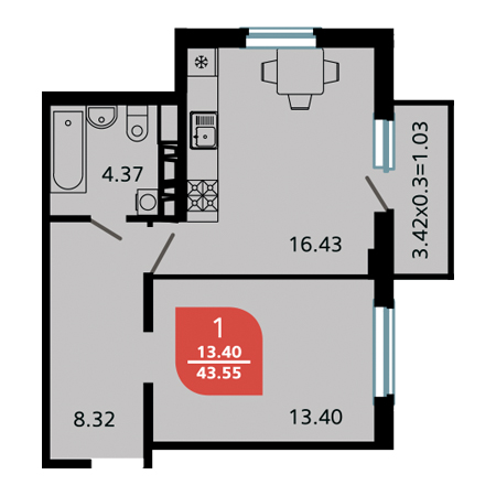 1 комнатная 43.55м²