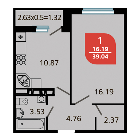 1 комнатная 39.04м²