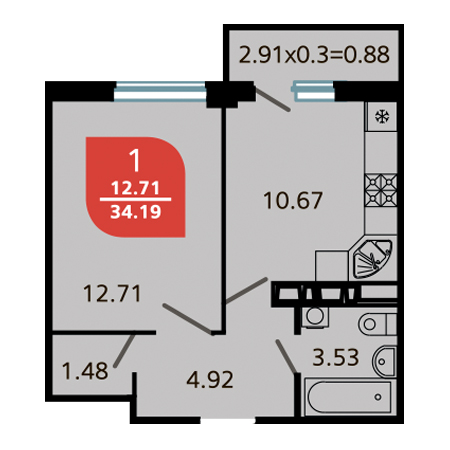 1 комнатная 34.19м²