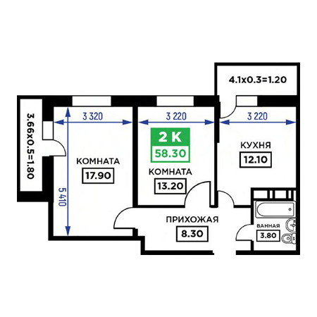 2 комнатная 58.3м²