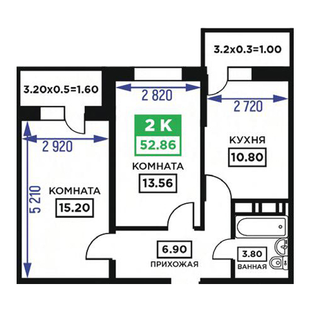 2 комнатная 52.86м²