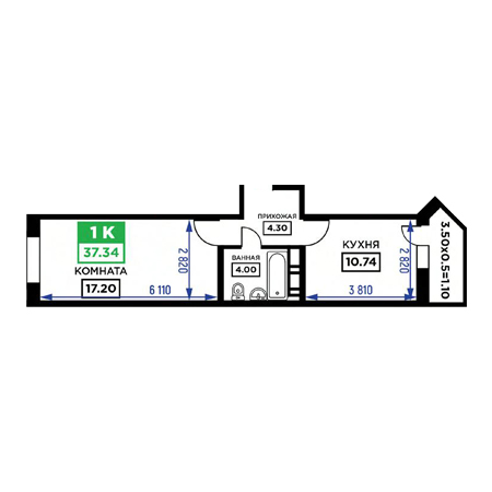 1 комнатная 37.34м²