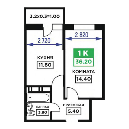 1 комнатная 36.2м²