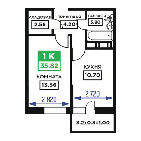 1 комнатная 35.82м²