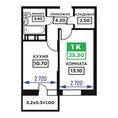 2 комнатная 55.4м²