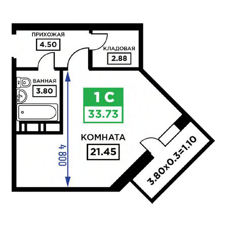 Студия 33.73м²