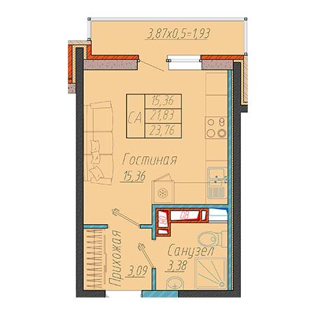 Студия 23.76м²