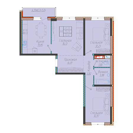 3 комнатная 72.47м²