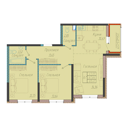 2 комнатная 69.41м²