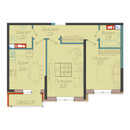 2 комнатная 56.77м²