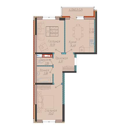 2 комнатная 55.56м²