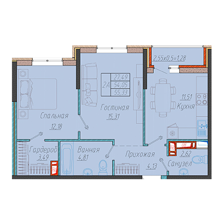 2 комнатная 55.33м²