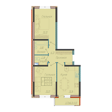 2 комнатная 54.02м²