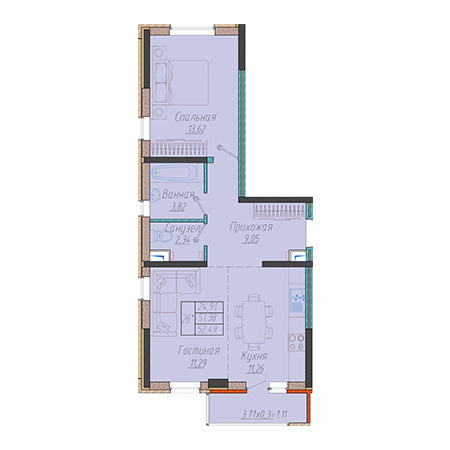 1 комнатная 52.49м²