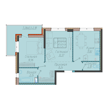 2 комнатная 51.41м²