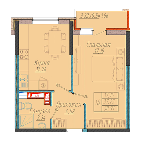 1 комнатная 38.91м²