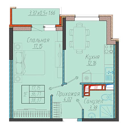 1 комнатная 38.37м²